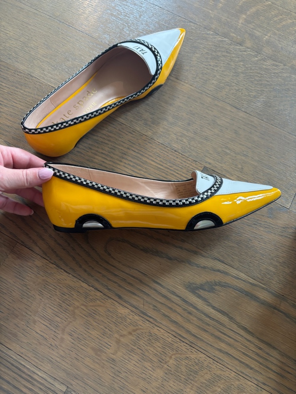 kate spade Yellow, White & Black Pointed Toe Flats with 'TAXI' Detail - Picture 2 of 3